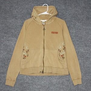 Vertigo Paris Zip Up Hoodie Women XL Tan Floral Embroidered Heart Y2K Boho